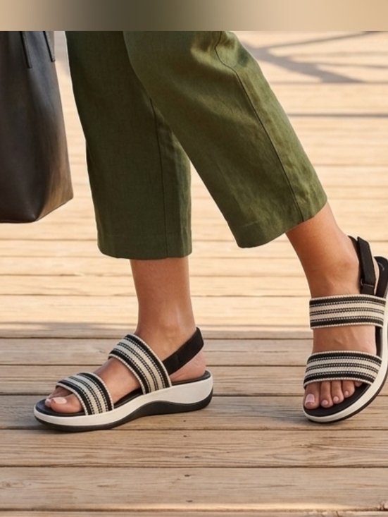 Clarks Shoes - Clarks Black and Cream Striped Elastic Slide Sandals Cloudsteppers